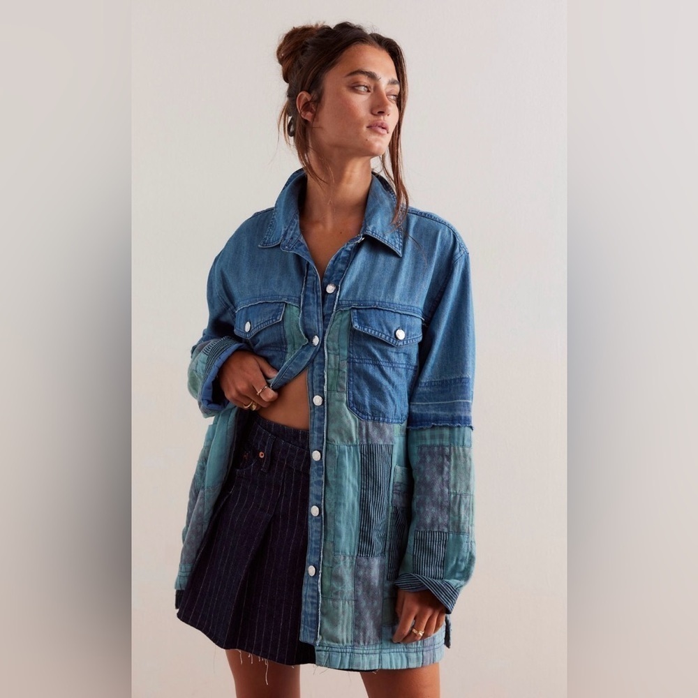 NWT We The Free Heritage Quilted Shirt Jacket S Hay Tint Wash Blue Light Shacket